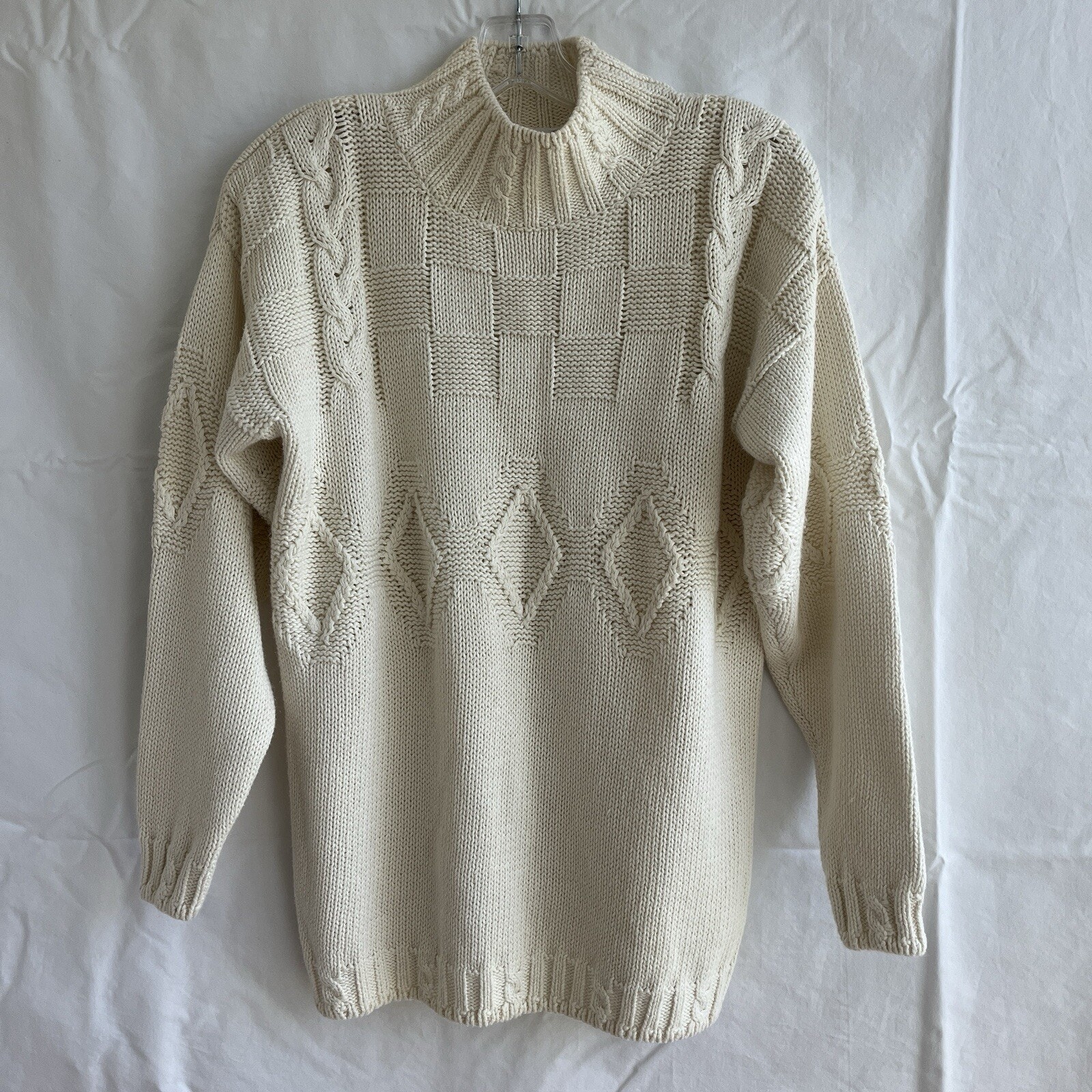 Vintage Casual Corner Cable  Geometric Knit Cotton Mock Sweater Beige Size S